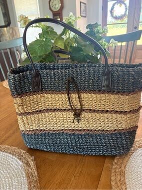 Woven Straw Tote Bag with Dark Blue, Brown and Natural Stripes